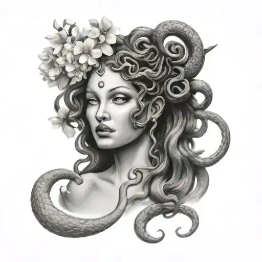 Medusa looking straight with snakes and cherry blossoms around her head tattoo design idea