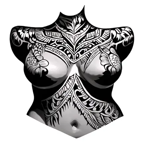 Polynesian on the naked breasts entirely tattoo design idea