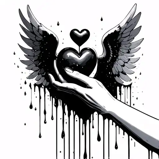 hand and a black heart and a angel shadow with wings spread behind them, all as a wet painting with drops tattoo design idea