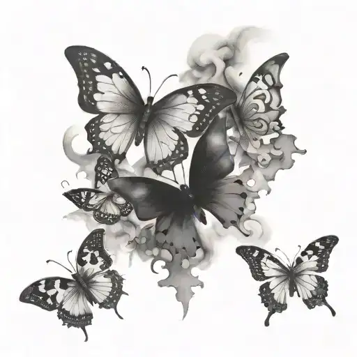 4 butterflies,one with puzzle pieces on the right side fading out with a magical mist going around and through the butte tattoo design idea