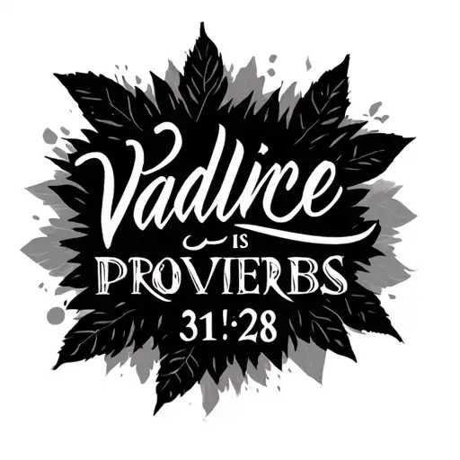 Large print text Cursice font name Vadline vertical landscape on forearm sub text underneath name is proverbs 31:28 tattoo design idea