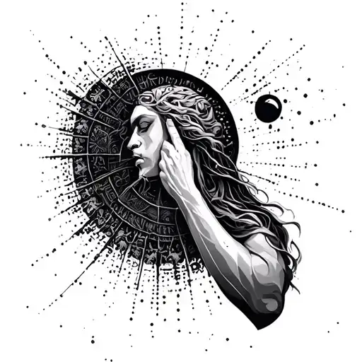 a tattoo on my inner arm. absurd approach to ancient mythology and universal figures. support with dots and lines.  tattoo design idea