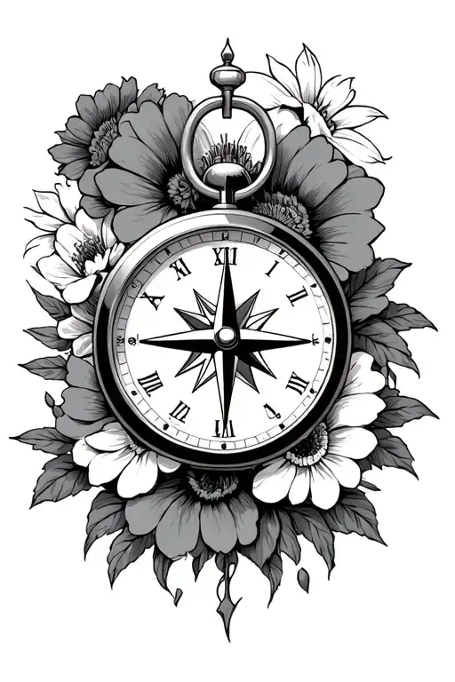 compass, clock showing 10:10, flowers and the joker face tattoo design idea