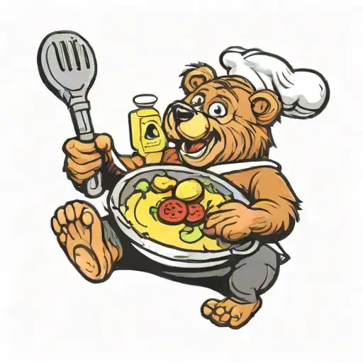 bear cook, bear cooks in a frying pan tattoo design idea