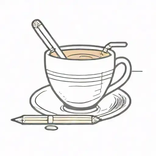 A minimalist tattoo of a coffee cup with a pencil and paintbrush inside, symbolizing the client's love for drawing and being a barista tattoo design idea