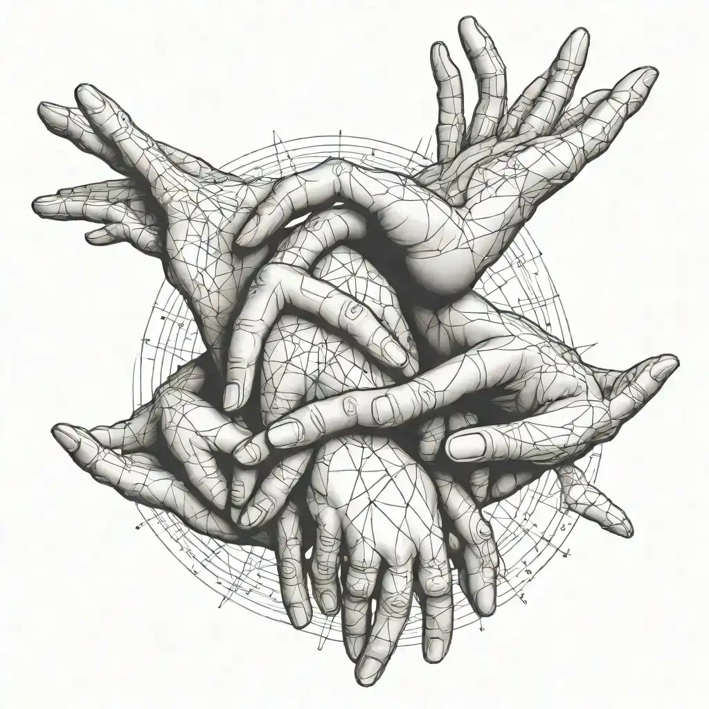 Design a detailed hand tattoo inspired by Michelangelo's 'Creation of Adam.' The tattoo features two hands reaching toward each other, with one hand being skeletal and the other a realistic human hand. The composition includes geometric elements such as lines and dots that intersect the hands, creating a modern, abstract feel. Circular shapes and radial lines emanate from the central point where the fingers almost touch, adding depth and dimension to the design. The overall style is a blend of classic art and modern minimalism, using fine black ink lines with detailed shading. tattoo design idea