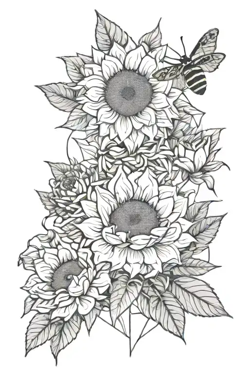 Sunflowers and roses intertwined with vines and a honeybee tattoo design idea