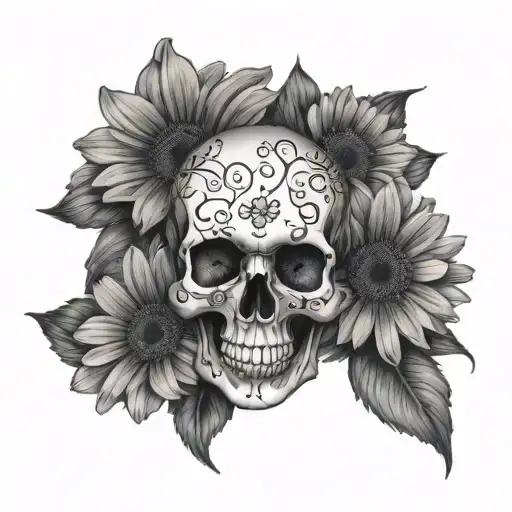 3D skull with a couple gerbera daisy tattoo design idea