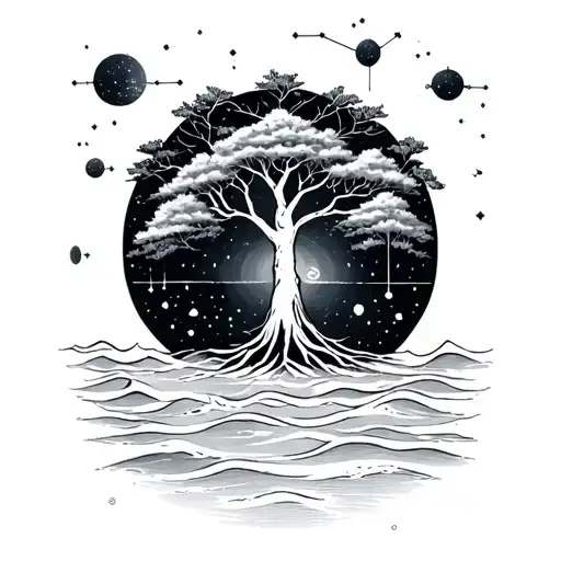 Beach, constellations, tree of life and family tattoo design idea