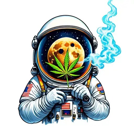 " Stars and moon " astronaut smoking weed joint tattoo design idea