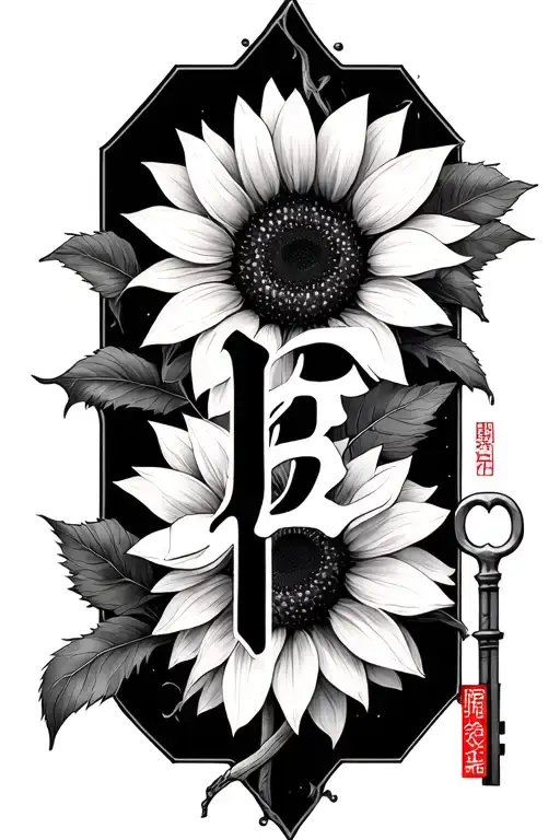 Monica name in Chinese letter with Kintsugi features next to an old key and a sunflower tattoo design idea