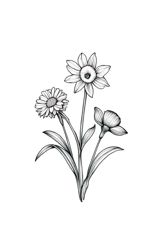 2 narcissus, 1 aster and 1 carnation flowers tattoo design idea