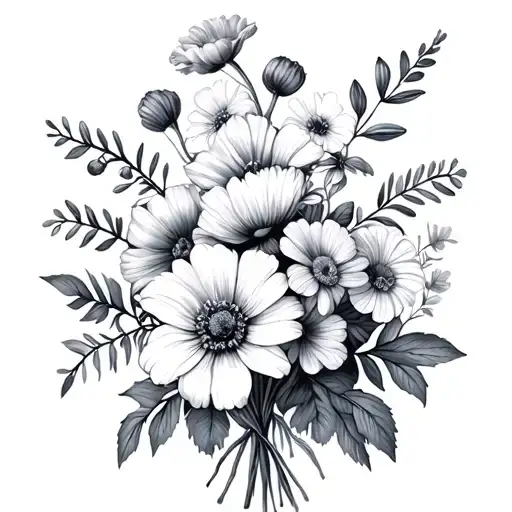 bouquet of birth flowers may, two october, january, two february, july, and december  tattoo design idea