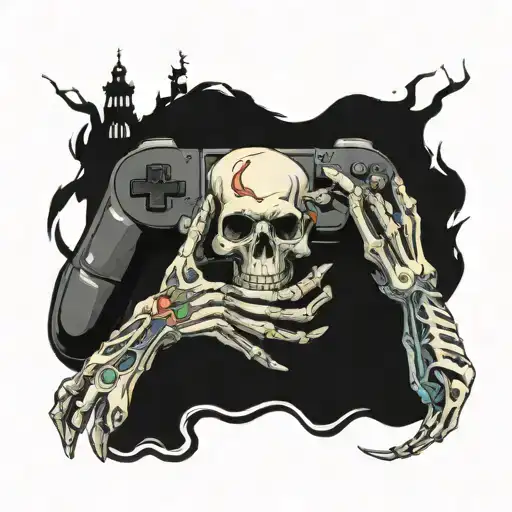 skeleton hand giving an alive hand a PS controller tattoo design idea