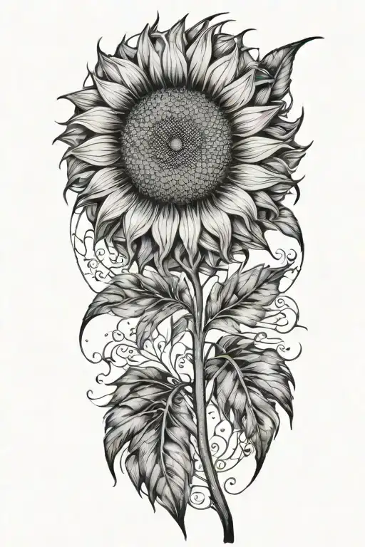 A sunflower made of feathers with intricate dotwork details tattoo design idea