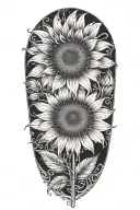 A sunflower made of feathers with intricate dotwork details tattoo design idea