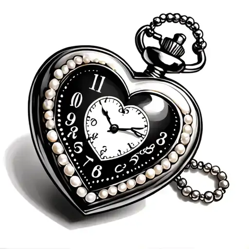Heart-shaped pocket watch with a white pearl trim, pointing to midnight 0 o'clock. tattoo design idea