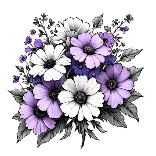 Fine line cross with Sweet Peas, Daisys, Violetes, and Primrose wraped around tattoo design idea