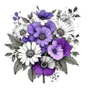 Fine line cross with Sweet Peas, Daisys, Violetes, and Primrose wraped around tattoo design idea