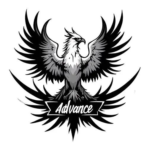A minimalist online phoenix, placed on the forearm, with under the phoenix the word "advance" in small elega script tattoo design idea