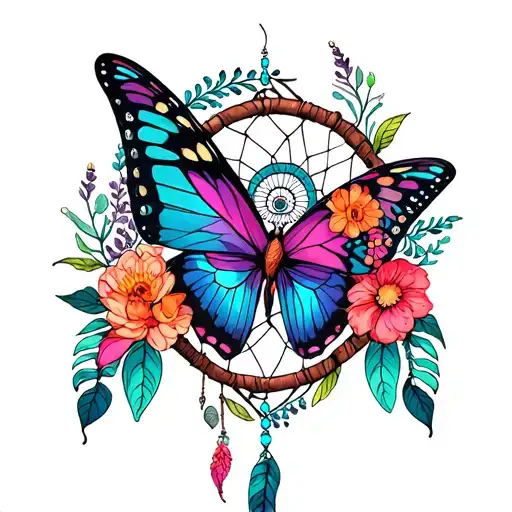 Butterfly and flower Dream Catcher tattoo design idea