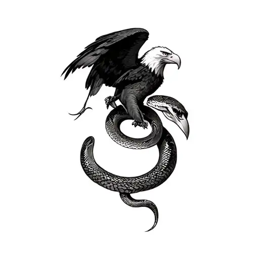 generate a traditional black-and-gray tattoo design with:	•	Eagle & Snake (Upper Arm): A bold, high-contrast battle sce tattoo design idea
