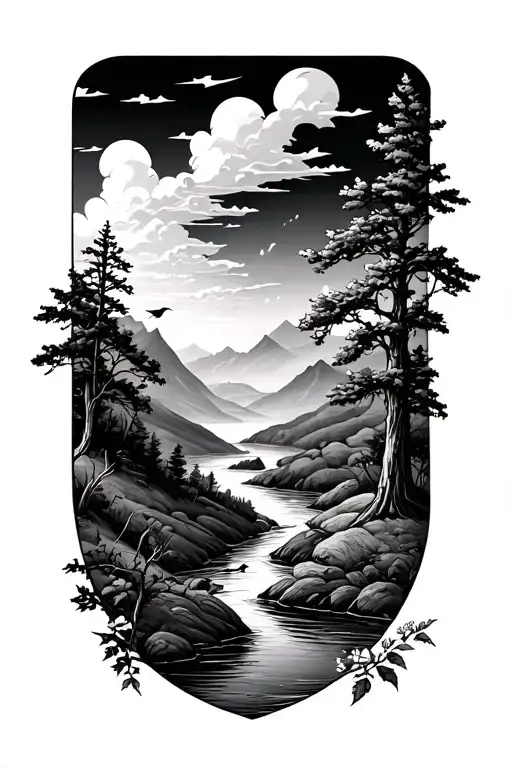 natrue with hills and brids, trees, river running tattoo design idea