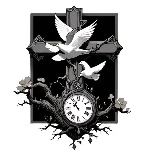 Posion tree growing into a cross, with a dove, and broken clock tattoo design idea