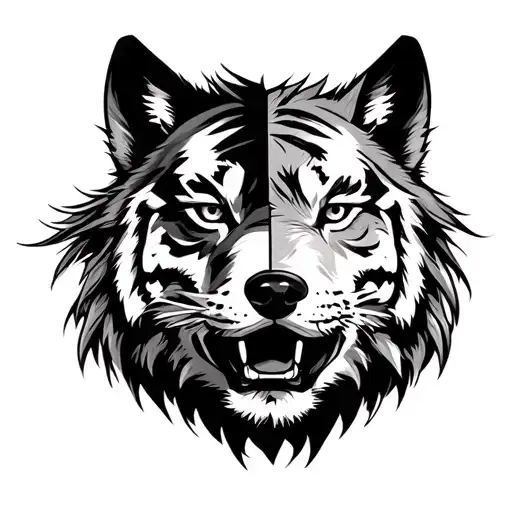 half wolf and half tiger face tattoo design idea