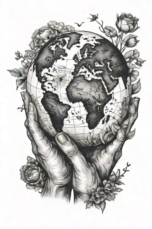 hands holding earth saying the world is yours with lots of black shading tattoo design idea
