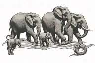 fine line tattoo. 3 elephants in one long line like cursive. no shading. 2 on the end facing sideways, one in the middle tattoo design idea