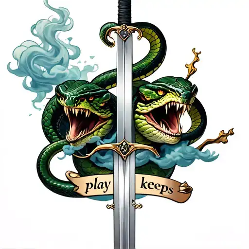 double headed snake with sword piercing both heads and add clouds and smoke with the phrase "play for keeps" tattoo design idea