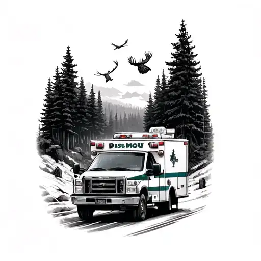 a dark forest and back of the ambulance driving up the highway, moose, owls, signs tattoo design idea