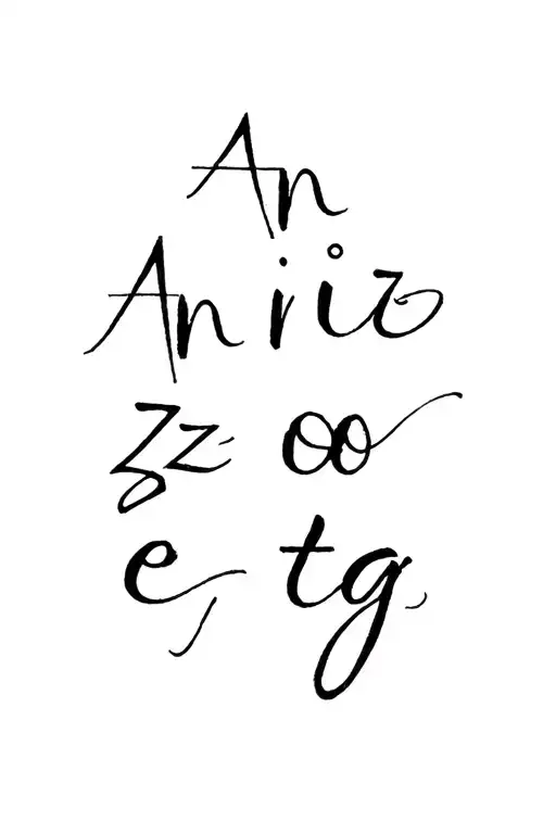 "A n i s z o e t g" word with letter mixed with written tattoo design idea