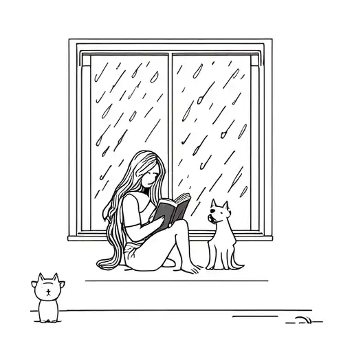 long hair girl sitting by a window reading book, a cat& dog beside her while there is a thunderstorm and rain outside. tattoo design idea