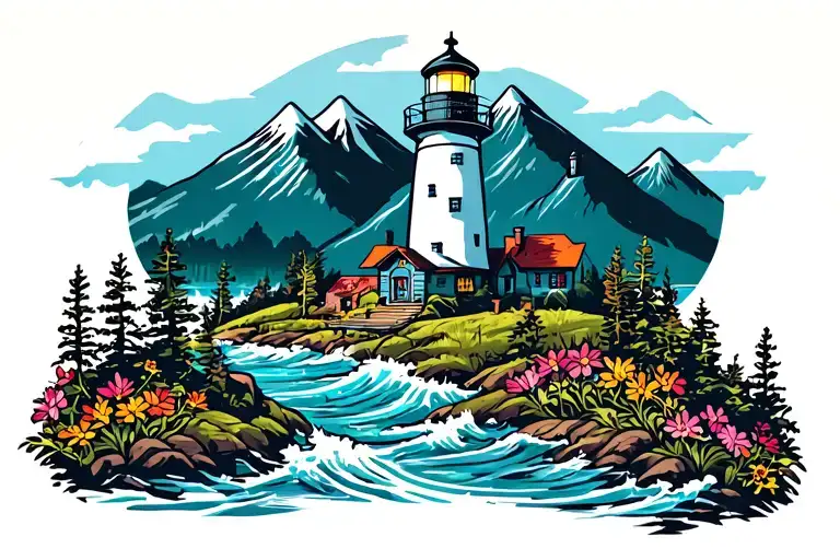 light house with mountains and wildflowers intertwined ocean and mountain theme grand Mesa Colorado tattoo design idea