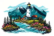 light house with mountains and wildflowers intertwined ocean and mountain theme grand Mesa Colorado tattoo design idea