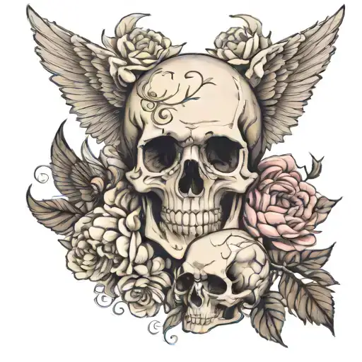 angel gabriel, skull, 2 swallows, peonies tattoo design idea