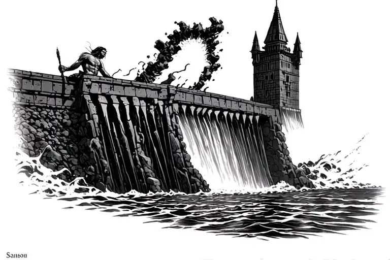 Samson tearing down the dam at orthanc tattoo design idea