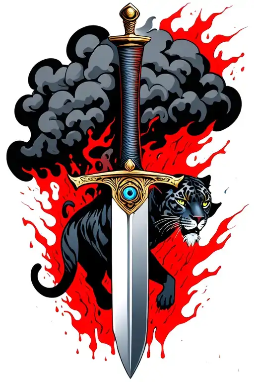 dagger through black storm cloud with  odin's eye pommel and black jaguar climbing the blade in blood red rain tattoo design idea