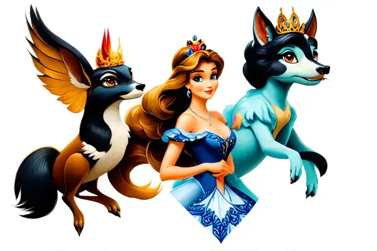 disney princesses wiith their sidekicks  tattoo design idea