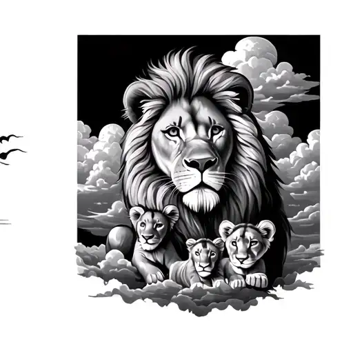 lion her cubs and clouds tattoo design idea
