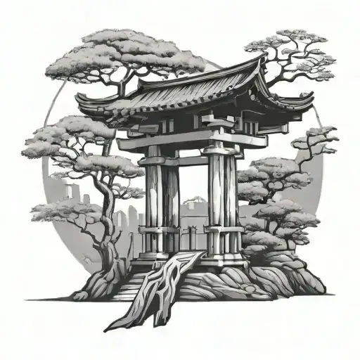 Torii gate and sakaki tree growing tattoo design idea
