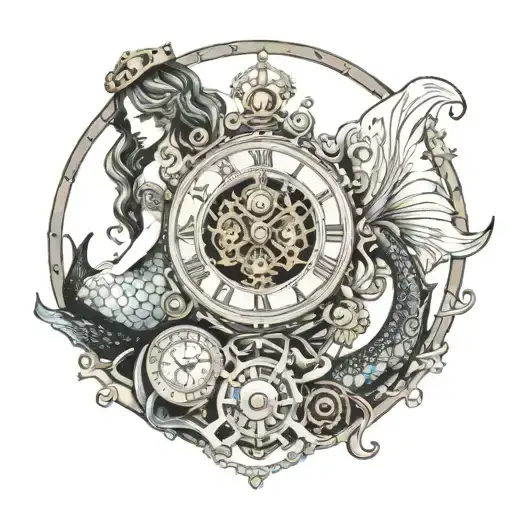 steampunk clock mermaid tattoo design idea
