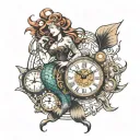 steampunk clock mermaid tattoo design idea