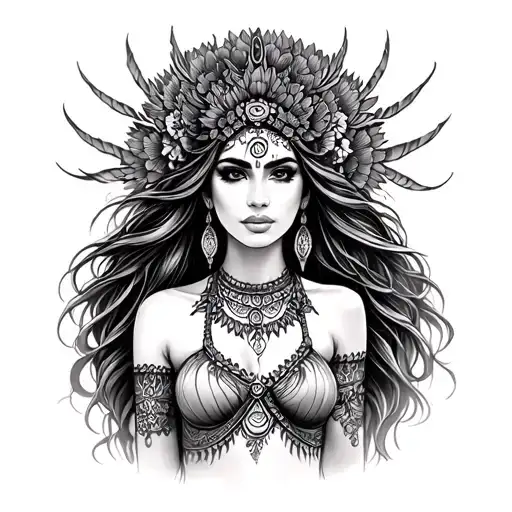 three , sexy girl looking, pachamama goddess tattoo design idea