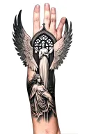 Outer forearm for a man, black and white sleeve style, tribal gothic style on hand then an angel and cathedral window on tattoo design idea