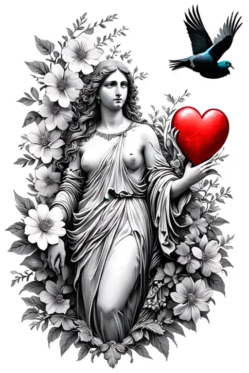 goddess aphrodite with heart, flowers and pigeon flying tattoo design idea