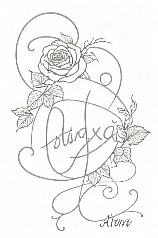 a line of roses and thornes with the word 'ataraxia' flowing into it from the bottom in cursive font tattoo design idea