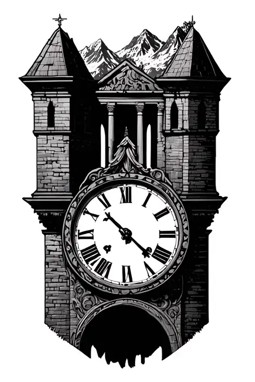 ancient Roman clock tower surrounded by mountain range tattoo design idea